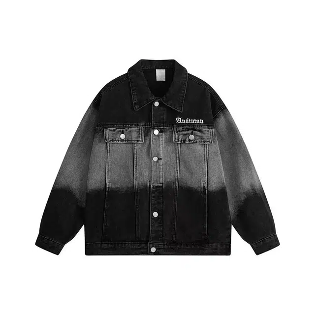 虫小绿 春秋季高街水洗渐变绣花字母上衣美式潮牌休闲宽松复古设计单排扣翻领夹克牛仔外套 男女同款