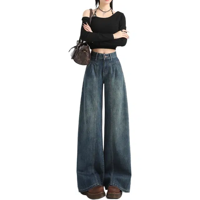 丝絮丝绸 高腰复古显瘦垂坠感梨型身材直筒裤牛仔裤 女款