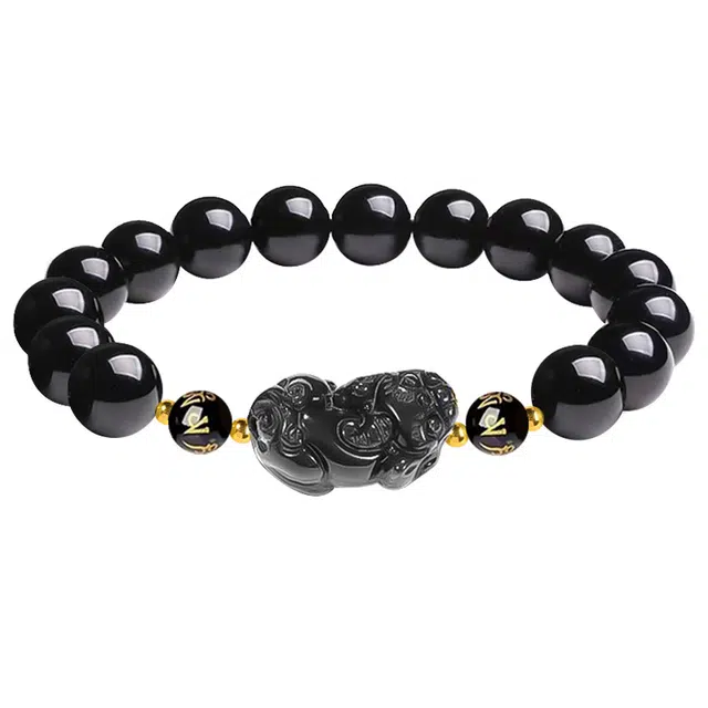 琛宬 八方来财招财纳福六字箴言运转貔貅新中式国潮财源滚滚前程似锦文玩盘#好运 黑曜石 手串 男款