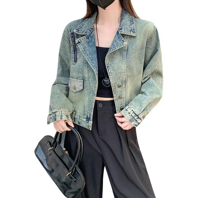 思蓓儿 复古西装领女春秋设计感短款显瘦休闲夹克上衣牛仔外套 女款