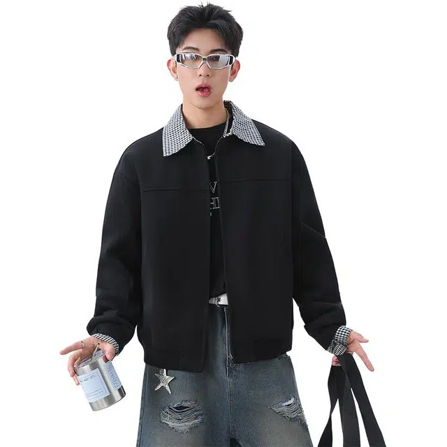协协乐 飞行员立领解构男士秋冬季挺括痞帅工装外套开衫拼接格子美式潮牌小众设计款夹克 男款
