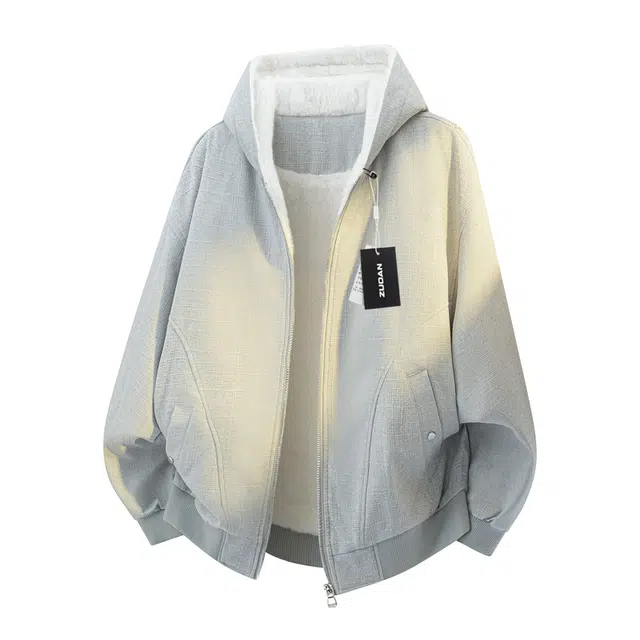 左岸 加绒加厚青少年港风潮流百搭简约纯色带帽拉链开衫上衣加肥加大码宽松休闲保暖秋冬外套夹克 男款