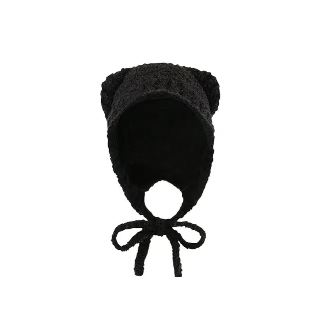 艾佳微 软萌小熊耳朵毛线系带毛绒保暖包头针织大头围可爱 腈纶 绒线帽 男女同款情侣款
