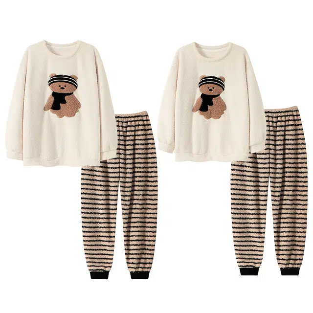 顶瓜瓜 情侣长袖长裤圆领卡通小熊保暖加绒加厚珊瑚绒柔软家居服睡衣套装 男女同款