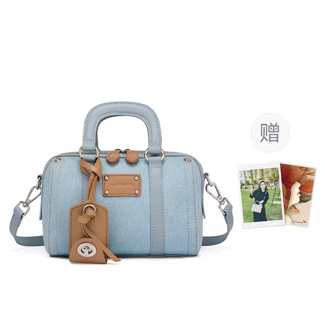红蜻蜓 潮流时尚复古通勤百搭 超细纤维合成革 保龄球包手提包 女款 牛仔蓝