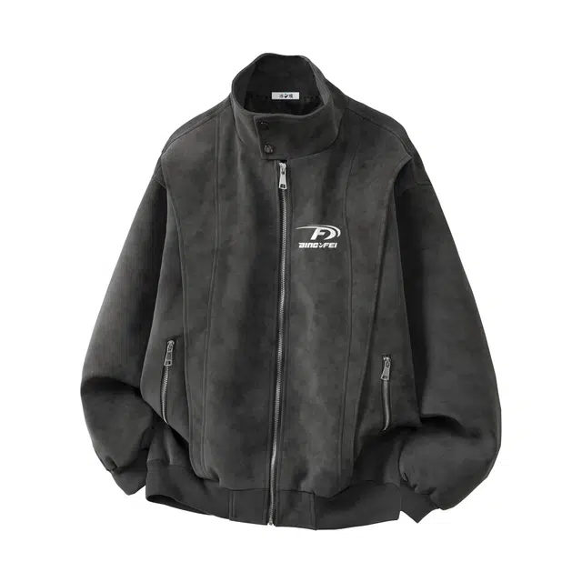 冰飞 美式复古水洗立领解构高街春秋高颜值高级感穿搭潮牌字母基础款显瘦户外拉链开衫长袖休闲外套扎染皮夹克 男女同款