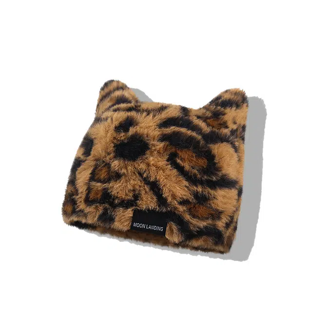 【y2k甜酷辣妹~秋冬】 攸委 复古豹纹可爱猫耳朵毛绒针织帽子女冬季保暖防寒护耳加绒 涤纶 时尚潮流百搭包头冷帽绒线帽 男女同款情侣款