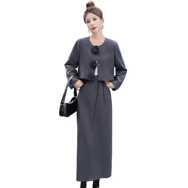 丝柏舍 圆领长袖外套搭中长款高腰半身裙两件套裙装套装 女款