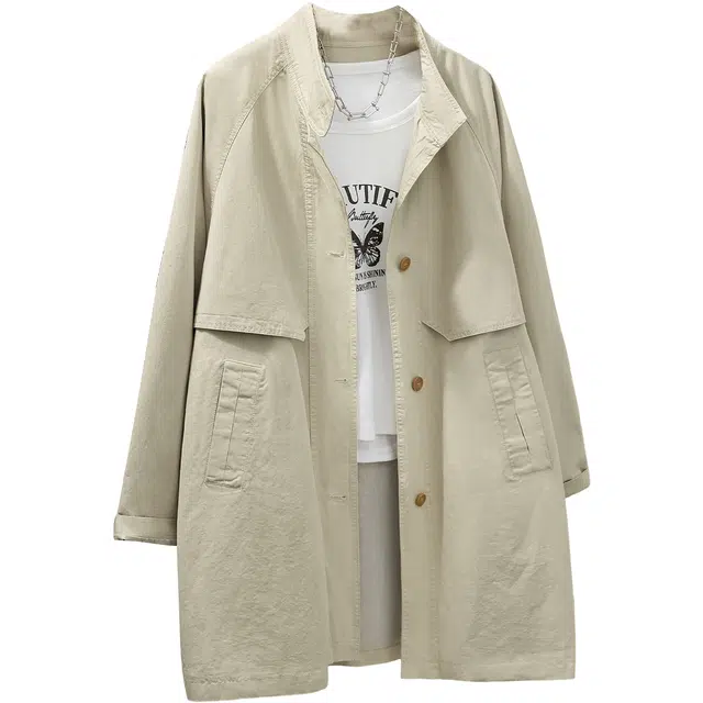 她池 韩版简约风纯色立领单排扣宽松款插肩长袖风衣 女款 浅卡其