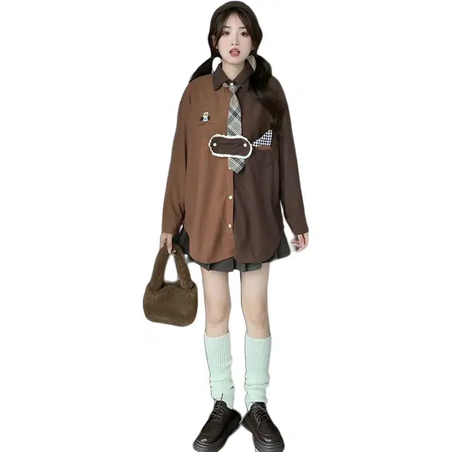 米囹 休闲衬衫 日系古着刺绣格子拼接撞色灯芯绒秋冬款宽松