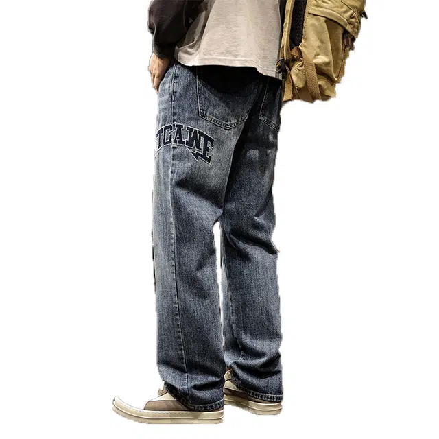 路杰邦 直筒男秋季美式高街潮牌字母刺绣宽松复古蓝色休闲裤子牛仔裤 男款