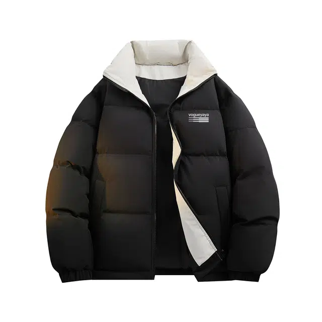 鸭鸭 美式高街复古条纹字母图案印花简约解构设计基础款休闲宽松舒适柔软潮流户外撞色保暖防寒防风运动通勤立领面包羽绒服 男女同款