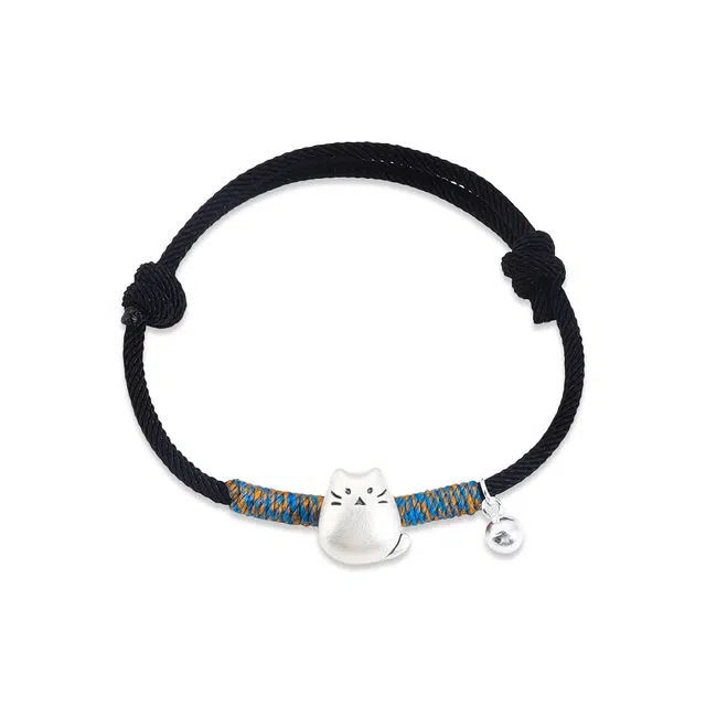 【S999足银 好运招财猫】 七七银饰  纳福新中式铃铛 平安喜乐本命年开运 学院风编绳手饰 事事如意 小众复古  纯银 手绳 男女同款情侣款