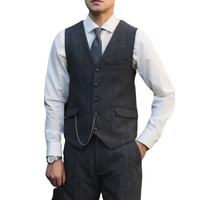 大格子与黑猫 复古英伦雅痞绅士浴血黑帮风羊毛粗花呢人字纹休闲修身西装马甲 男款