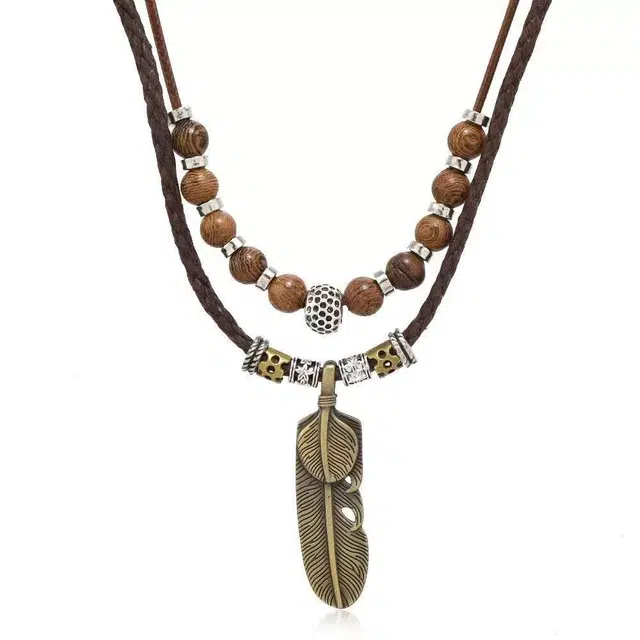 仙友 国潮个性双层设计出街嘻哈羽毛创意百搭复古民族小众潮流感时尚优雅气质 柴木 项链 男女同款情侣款