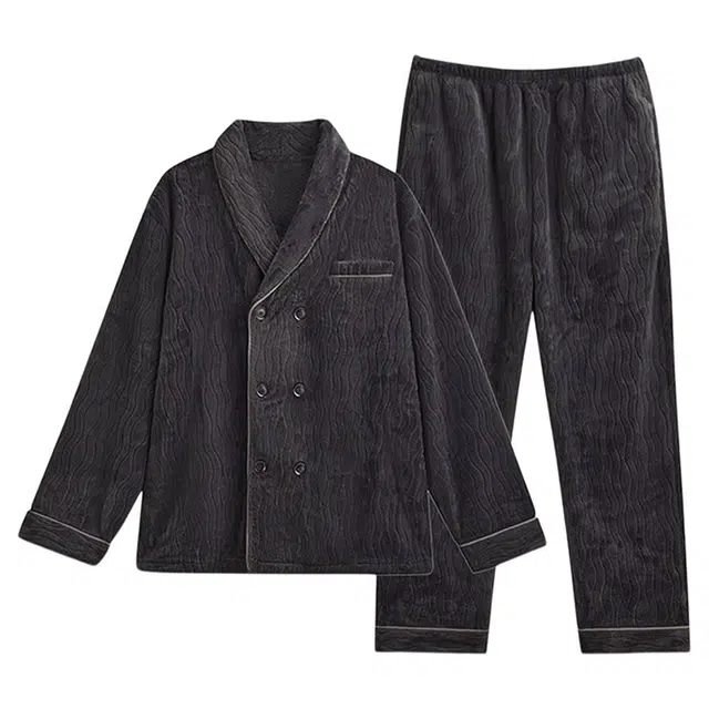 潞优野 新中式可外穿亲肤珊瑚绒家居服加厚加绒法兰绒睡衣套装 男款