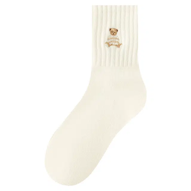 宜而爽 小熊卡通刺绣甜美可爱学院风学生基础休闲袜吸湿排汗防滑防臭耐穿耐用运动袜简约纯色舒适透气百搭青少年可穿中筒袜 女款