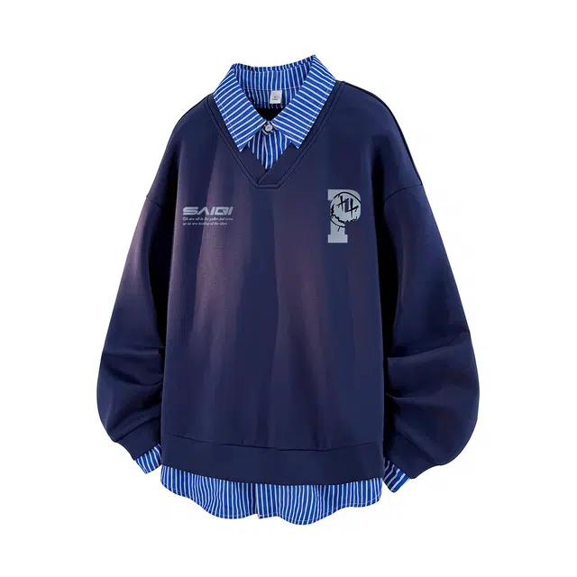 赛琪 早秋美式假两件潮流百搭简约撞色设计感舒适字母印花翻领日常通勤运动无性别主义落肩长袖套头卫衣 男女同款