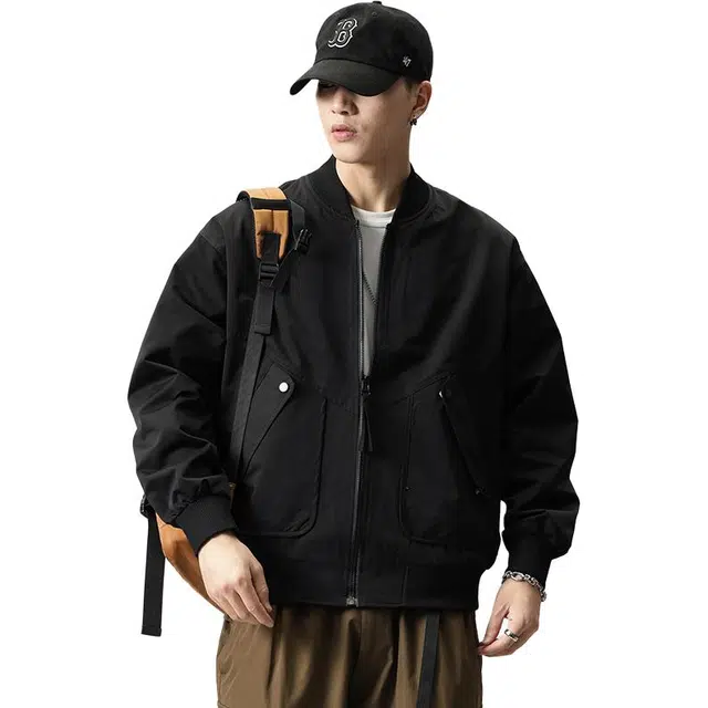 协协乐 美式棒球服外套秋冬季潮牌宽松休闲工装飞行员男士立领拼接氛围感韩版小众设计款夹克 男款