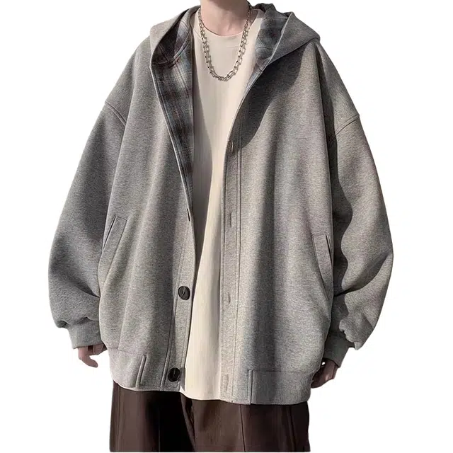 虫小绿 美式复古潮牌高级感拼接格子连帽上衣服春秋季韩版潮流设计开衫外套休闲宽松单排扣百搭卫衣 男女同款