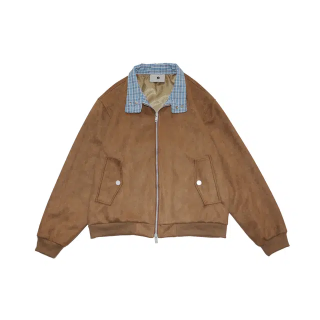 范索米 美式街头短款格子拼接时尚宽松百搭麂皮夹克情侣 男女同款