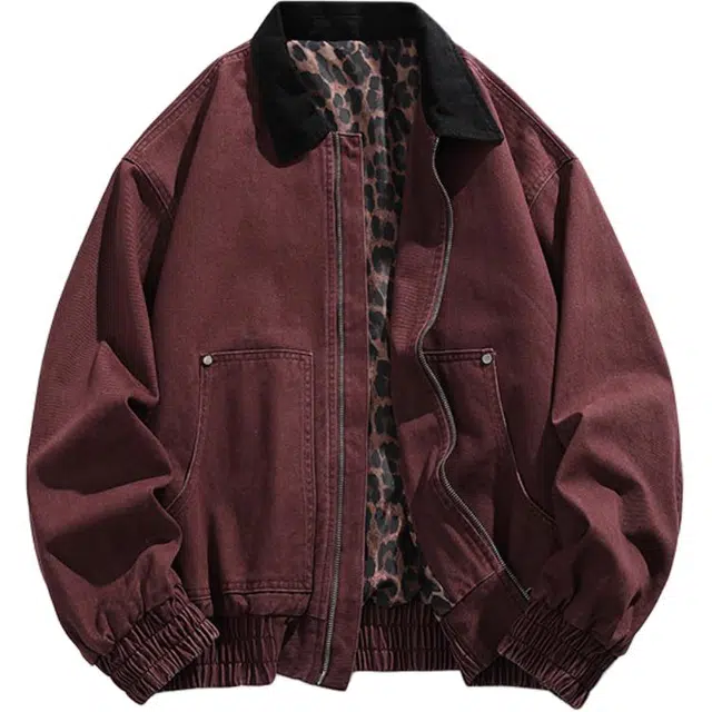 马员外 美式高街复古纯棉百搭日常通勤翻领口袋落肩开衫拉链豹纹内搭夹克外套 男女同款