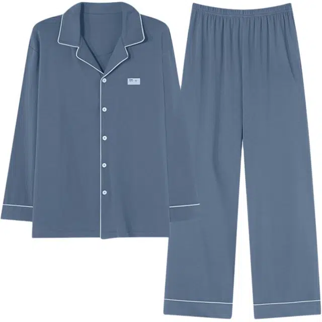 浮光岛屿 礼盒款 春秋季柔软纯棉高级感睡衣男简约时尚可外穿家居服 家居套装 男款 雾霾蓝