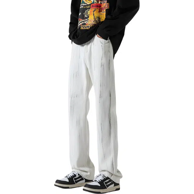 左岸 美式高街男士直筒秋冬喷墨休闲裤显瘦显腿长青少年百搭宽松舒适小众学院风港风潮牌牛仔裤 男款