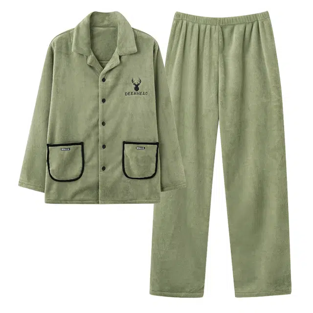 俏霓桐 时尚清新简约双口袋法兰绒保暖蓄温加绒长袖长裤家居服可外穿睡衣套装 男款