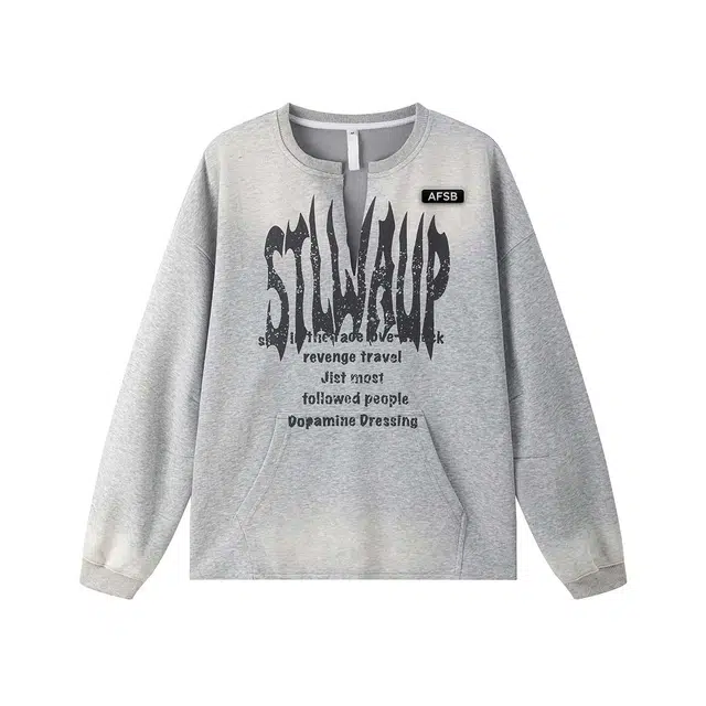 艾梵斯贝 美式复古潮流做旧水洗印花破坏层次感小众设计款无性别日常通勤百搭宽松休闲时尚高级感潮酷个性高街风圆领卫衣 男女同款