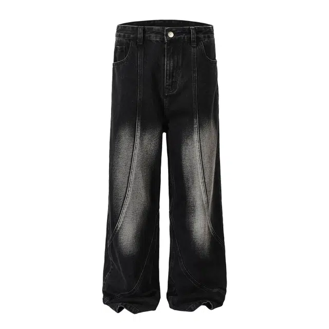 宝米卡 潮牌美式水洗做旧复古拼接弯刀裤宽松百搭直筒阔腿裤牛仔裤 男女同款