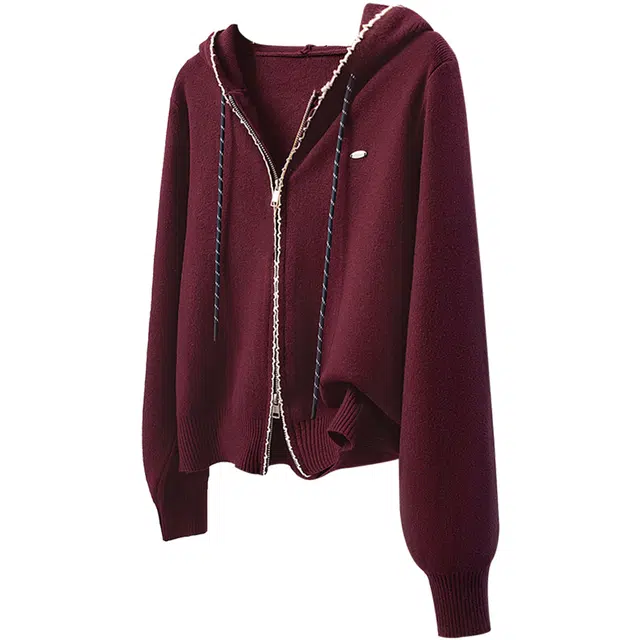 丝柏舍 宽松款简约长袖短款休闲风上衣拼色开衫连帽针织衫 女款