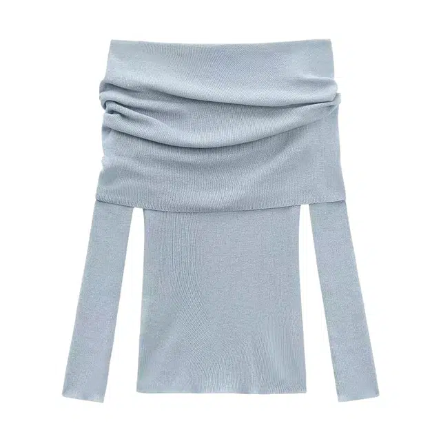 望莱仕 纯欲风一字肩长袖女秋冬季设计感温柔蓝色修身露肩上衣针织衫 女款