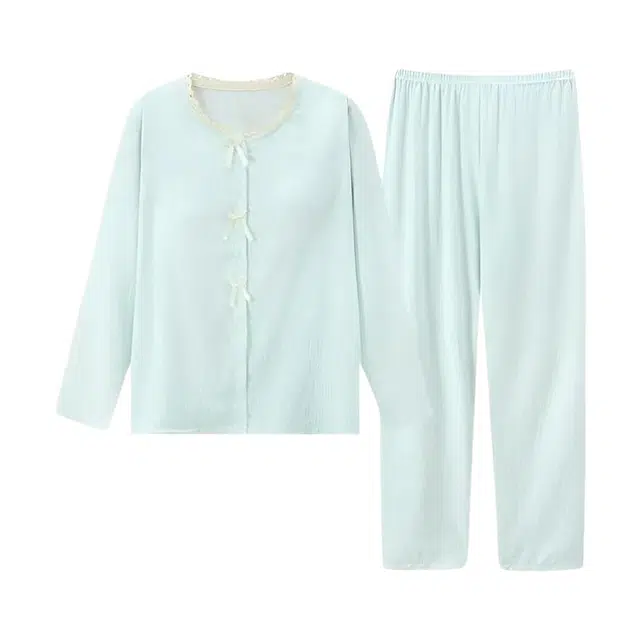 橡柠派 小清新甜美舒适简约纯色亲肤长裤长袖两件套家居服休闲居家设计感柔软开衫睡衣套装 女款