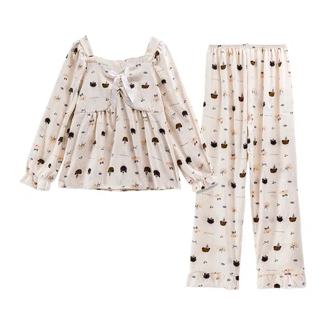 橡柠派 可爱小熊小清新设计感亲肤卡通图案休闲长袖长裤两件套少女心舒适时尚学院风 睡衣套装 女款