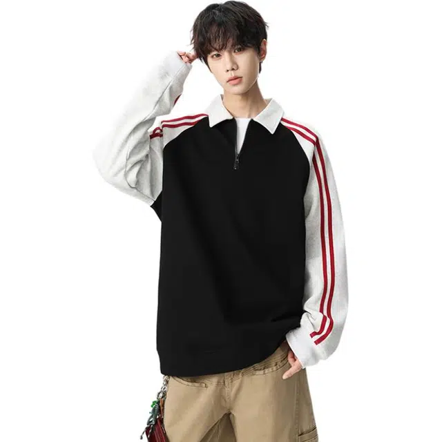 洋气先生 洋气潮牌美式街头复古学院风老钱风经典条纹撞色落肩袖上衣无性别主义百搭时尚潮流宽松休闲半拉链翻领长袖卫衣 男女同款
