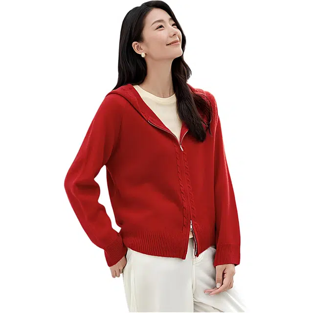 佐塞斯 高端品质轻奢绞花双拉链新年红连帽开衫女秋冬上衣针织衫 女款