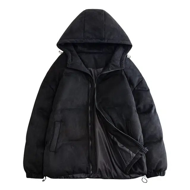 快鱼 潮牌麂皮绒美式复古街头风纯色时尚舒适连帽加厚面休闲百搭宽松落肩防风保暖抗寒长袖棉服 男女同款