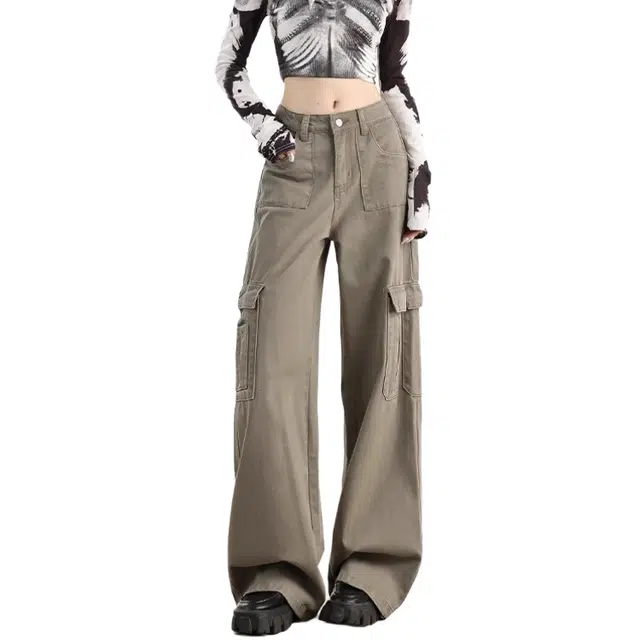 小卷要加油 美式休闲工装裤女春秋绒多口袋登山运动阔腿裤子牛仔裤 女款