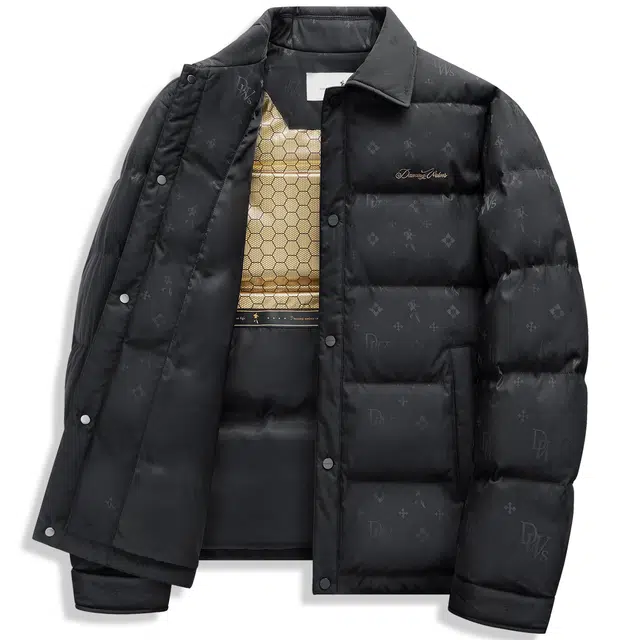 与狼共舞 潮流高街风暗纹印花时尚设计帅气穿搭抗静电舒适亲肤保暖防风挺括有型百搭休闲翻领羽绒服 男款