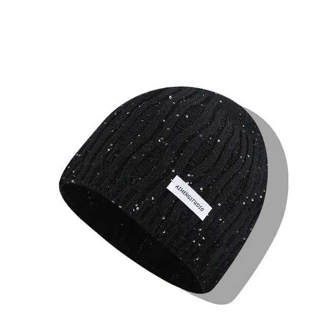 【甜酷辣妹~秋冬必备】 攸委 璀璨高级感亮片宽松显脸小针织帽女冬季保暖加厚 涤纶 街头时尚百搭冷帽包头护耳帽绒线帽 男女同款情侣款