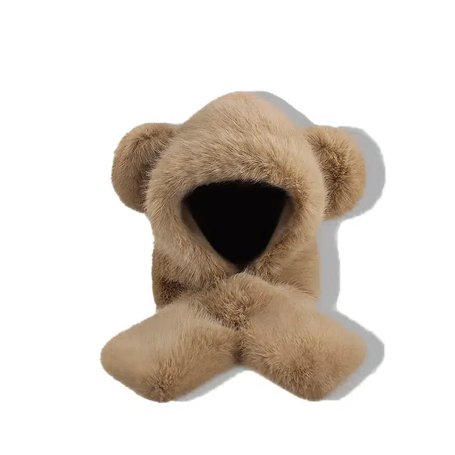 【秋冬必备~通勤神器】 攸委 可爱小熊毛绒帽子女冬季加厚保暖围巾手套一体三件套 涤纶 户外时尚防寒护耳雷锋帽斗篷帽 男女同款情侣款
