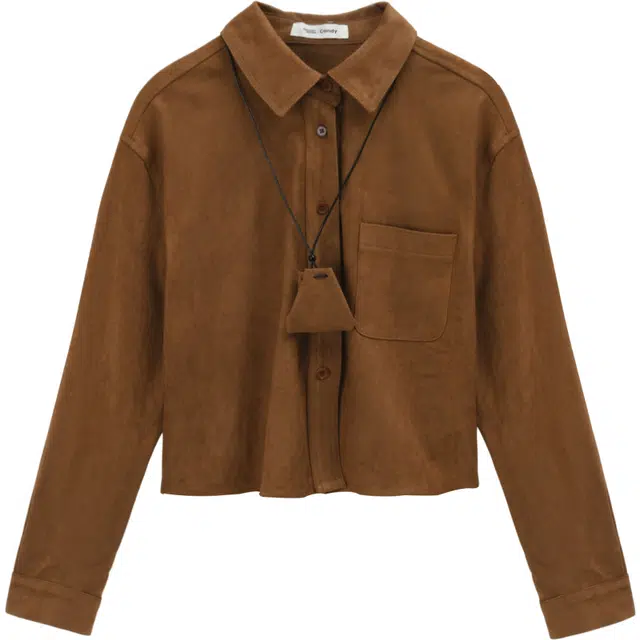 谜秀 焦糖色咖色绒面长袖法式衬衫 女款