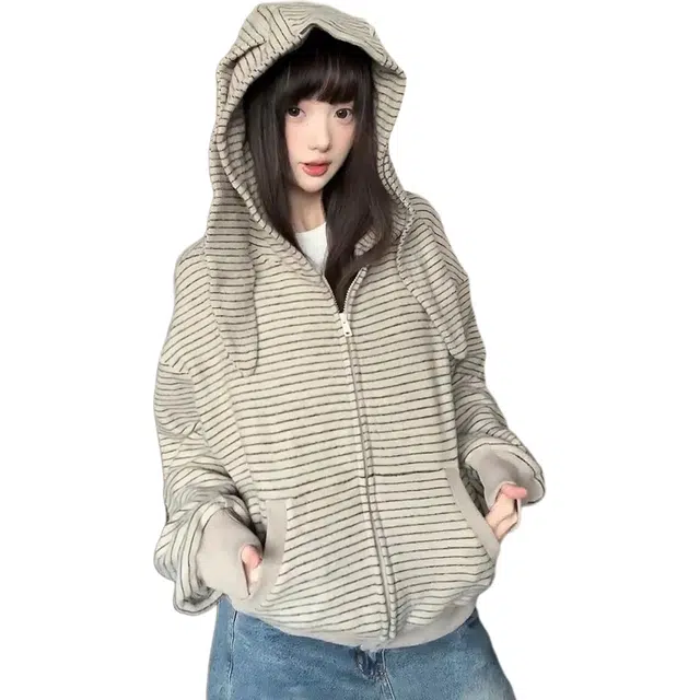 思蓓儿 美式复古兔耳条纹连帽外套女秋季慵懒休闲宽松拉链上衣潮卫衣 女款