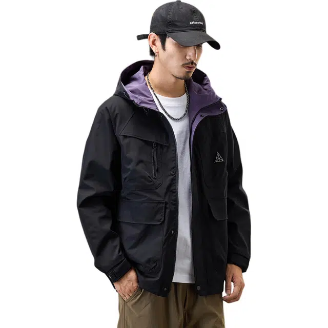 协协乐 山系户外三防工装外套拉链连帽开衫双面穿美式潮牌秋冬季防风保暖休闲百搭小众设计款夹克 男款