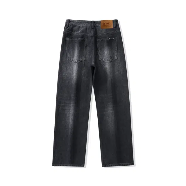 【dme】 美式高街风水洗宽松休闲阔腿长裤复古痞帅做旧遮肉显瘦直筒牛仔裤 男女同款 黑色