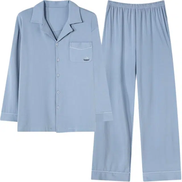 浮光岛屿 礼盒款 春秋款纯棉舒适简约纯色高级感睡衣男时尚休闲宽松可外穿家居服 家居套装 男款 浅蓝色