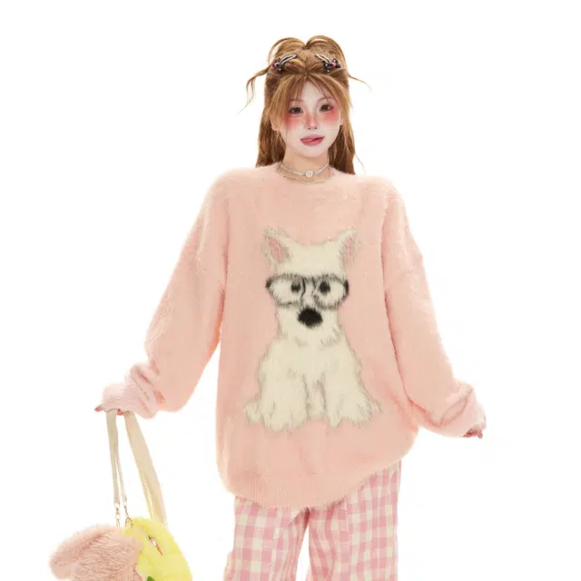 小卷要加油 小狗提花水貂毛女秋冬日系甜美宽松加厚软糯高级感针织衫 女款