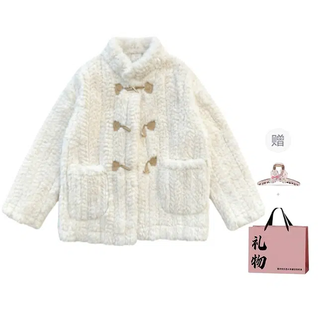 柏黛妃 加厚韩系立领保暖牛角扣休闲小香风羊羔毛短款皮草外套兔毛水貂绒毛毛高档设计感盘扣大衣 女款