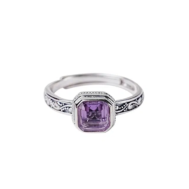 宣华意 轻奢精致高级感方形切面小众设计感九紫离火转运平安戒圈 开口可调节 方糖指环#好运 紫气东来天然 紫水晶 戒指 女款